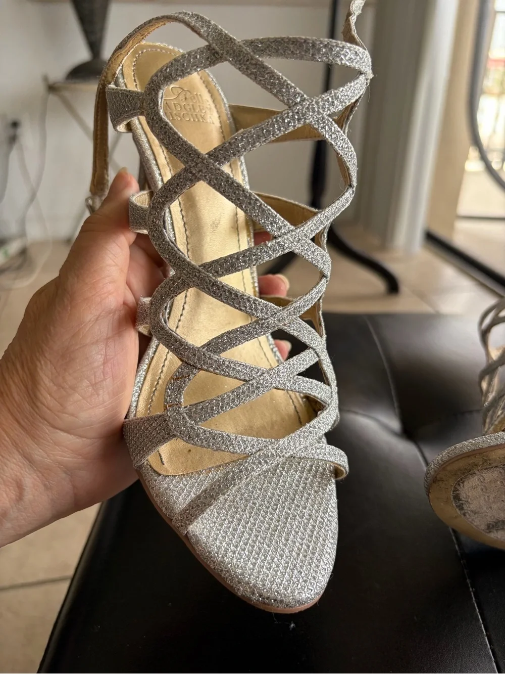 Belle Badgley Mischka Silver Glitter Cage Strappy High Heels Sandals Sz 7.5